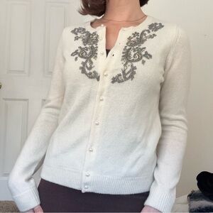 Eddie Bauer Cream Cardigan with Silver & Gold Beaded Design